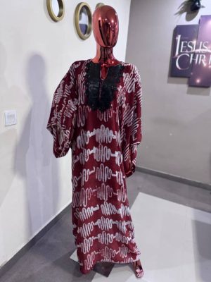 Adire Kaftan with Black faux leather in front and two inner belts Hip 48 - FMU1235