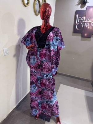 Ankara boubou with beaded trim in the front and two inner belts - FMU0931
